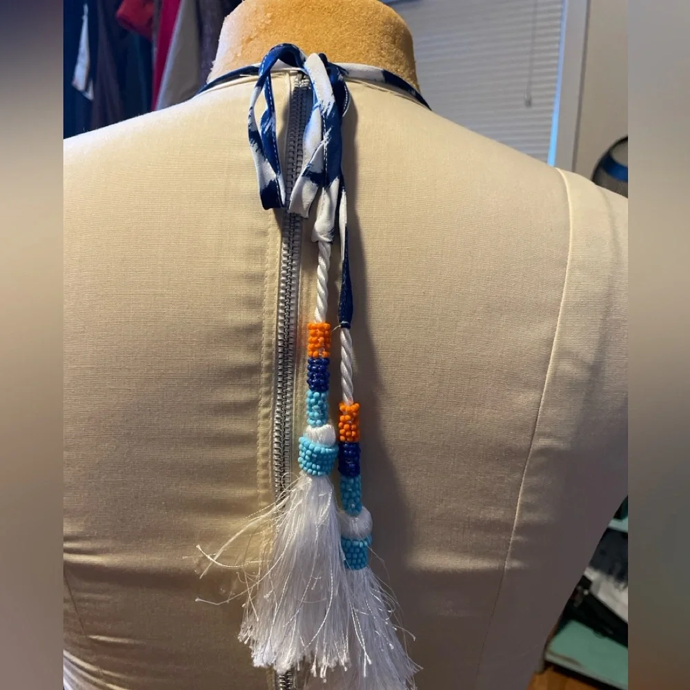Blue and White Romper Geometric western boho beaded stretchy V-neck wrap beach